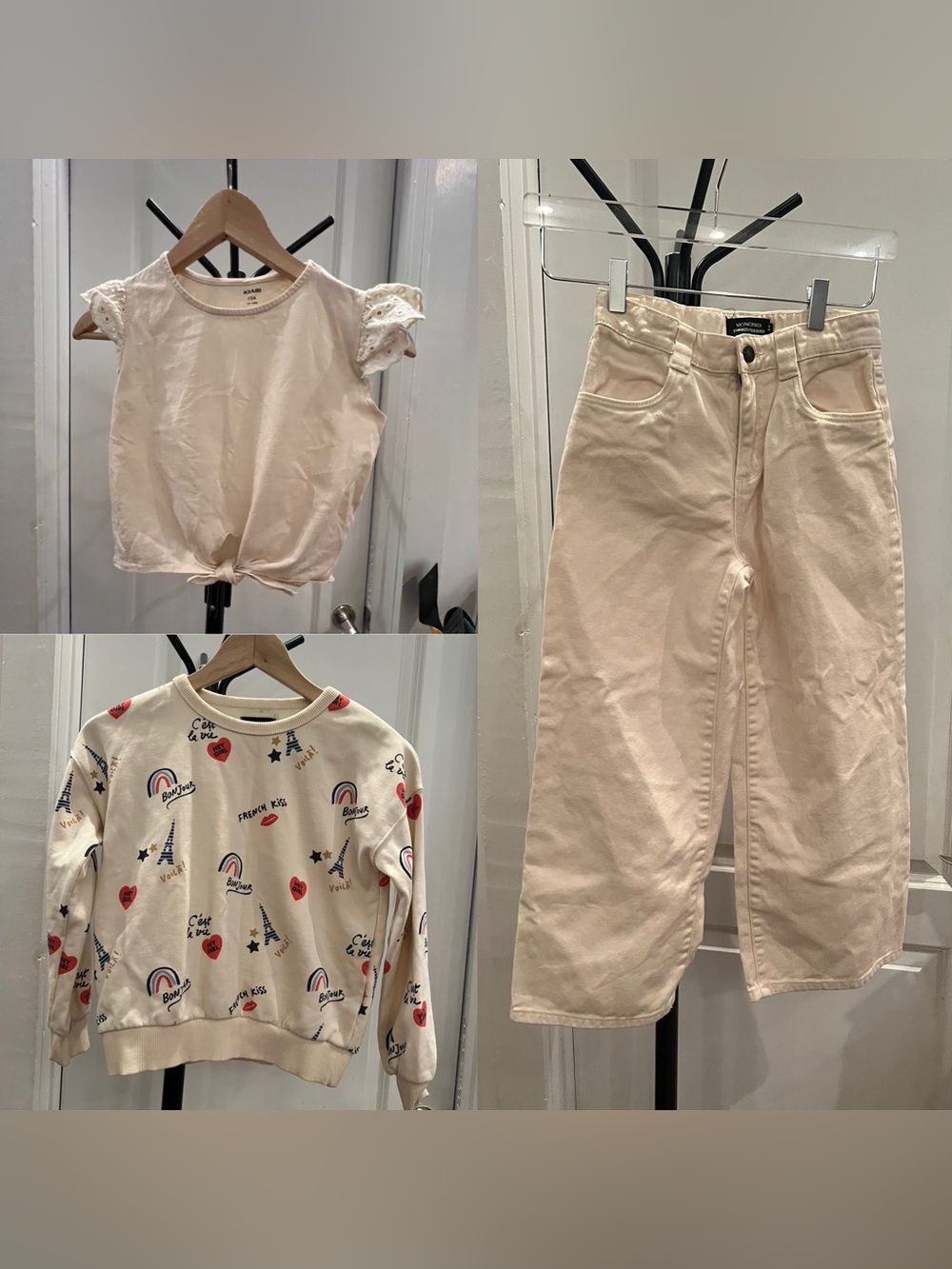 Girls Cream outfit : tank, sweatshirt and jeans.